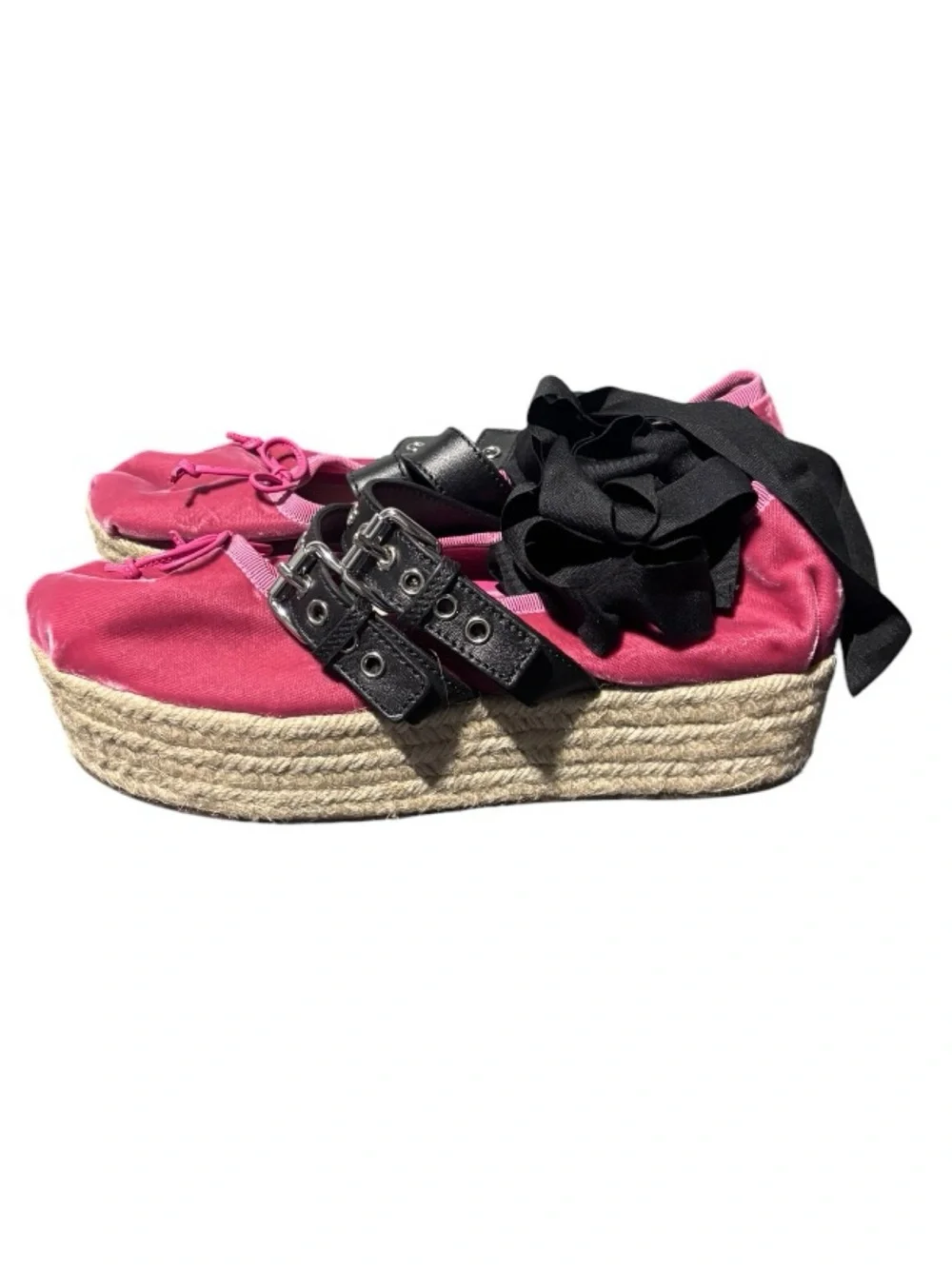 Miu Miu Pink Velvet Platform Double Buckle Espadrille Ballet Shoes